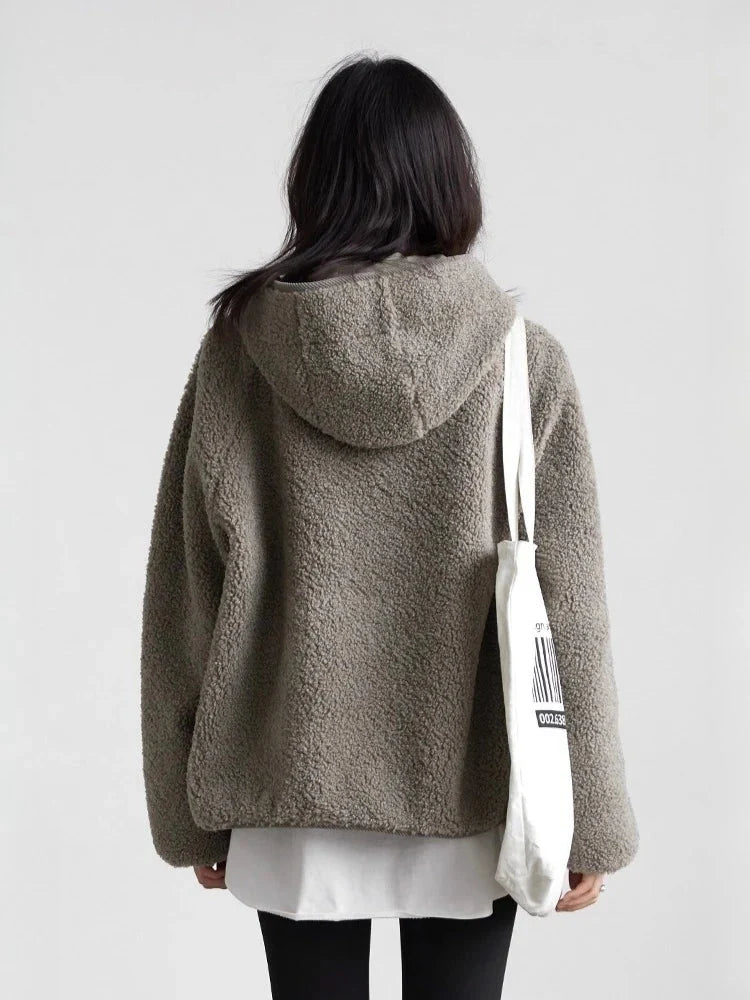 Hooded Granular Fleece Jacket Loose Casual Short Coat