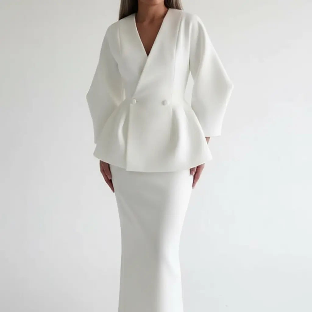Women's V-Neck Jacket and Midi Skirt Suit