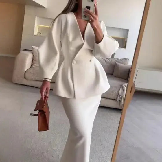 Women's V-Neck Jacket and Midi Skirt Suit