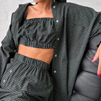 3-Piece Gray Plaid Cotton Lounge Set Loose Summer Outfit