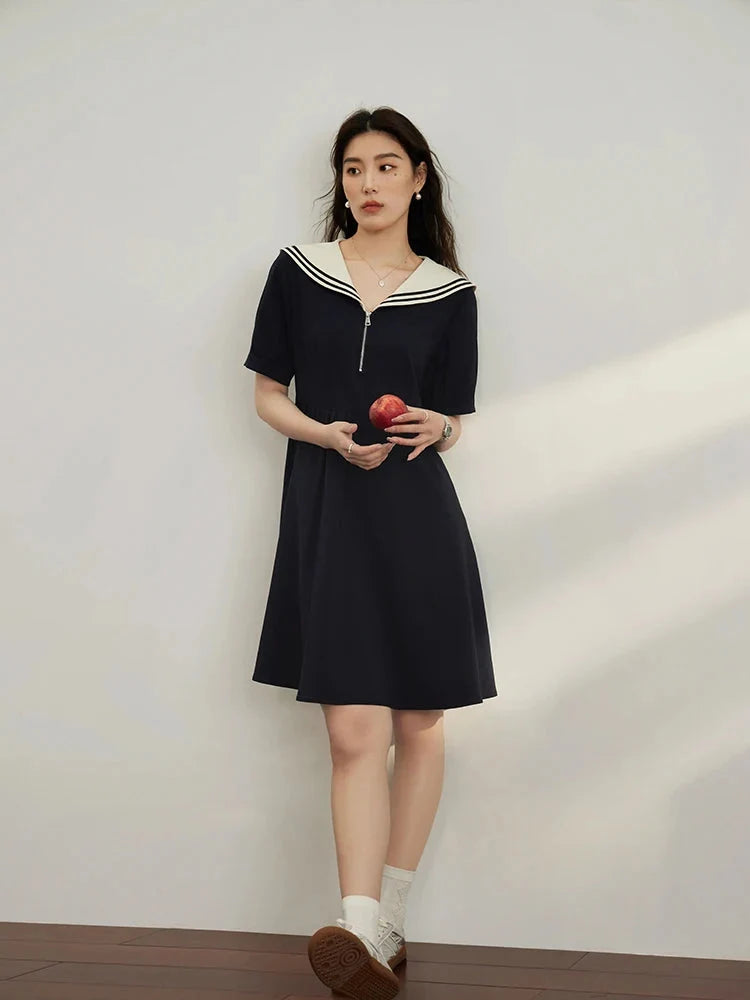 Navy Contrast Zip Dress Classic Nautical Summer Style