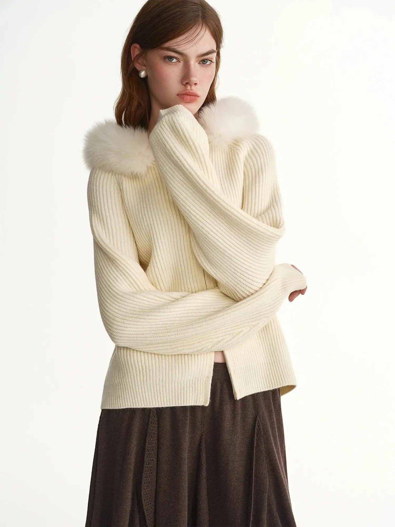 Women's Faux Fur Hooded Cardigan Winter Knit Outerwear