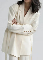 Wide Shoulder Ribbon Blazer Long Autumn Overcoat