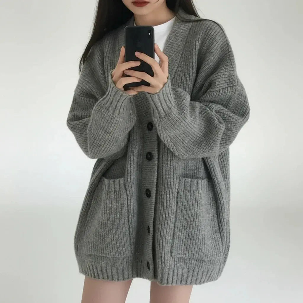 Casual V-Neck Long Sleeve Sweater Coat for Female Style
