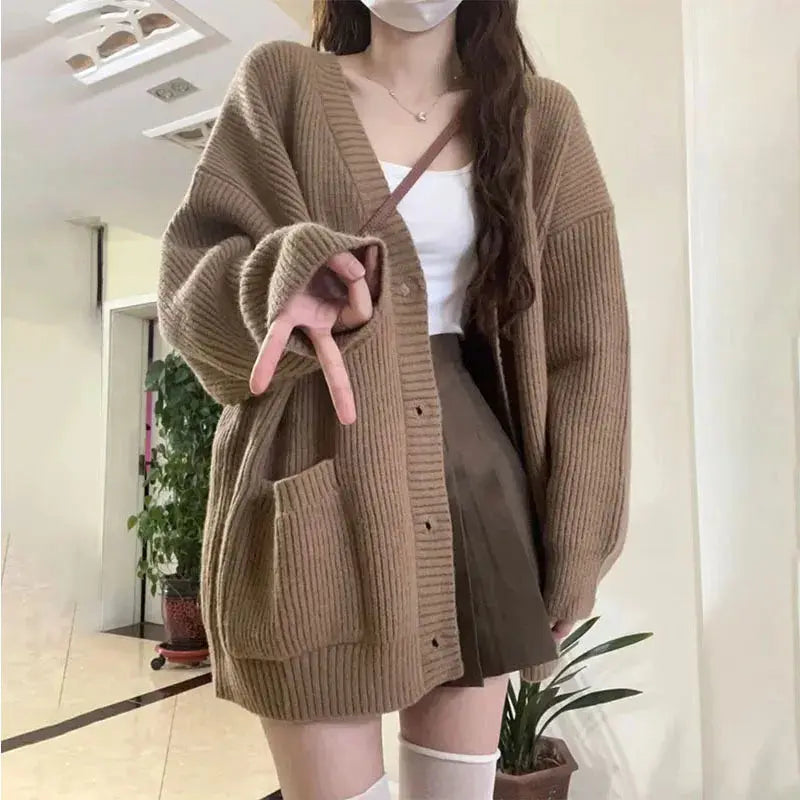Casual V-Neck Long Sleeve Sweater Coat for Female Style