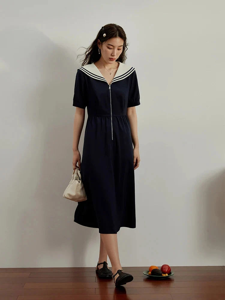 Navy Contrast Zip Dress Classic Nautical Summer Style