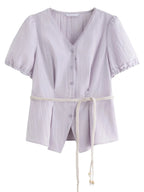 Summer V-Neck Top with Textured Pleats