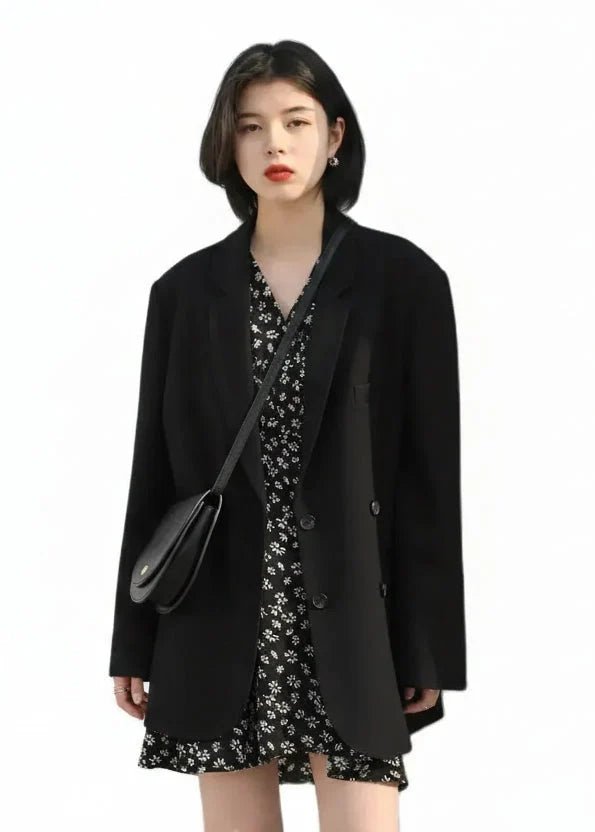Double-Breasted Office Blazer Stylish Mid-Length Coat
