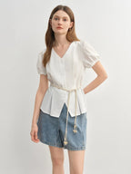 Summer V-Neck Top with Textured Pleats