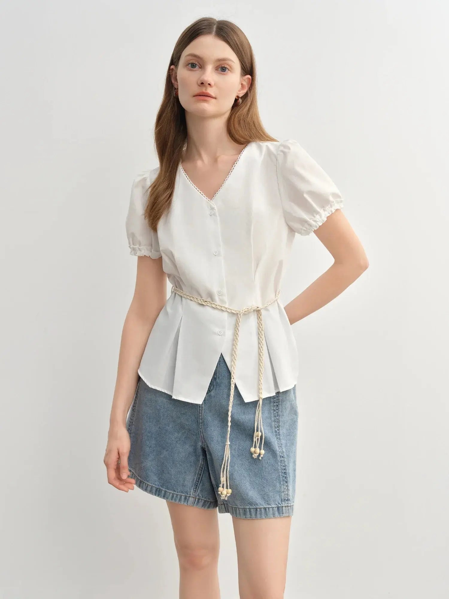 Summer V-Neck Top with Textured Pleats