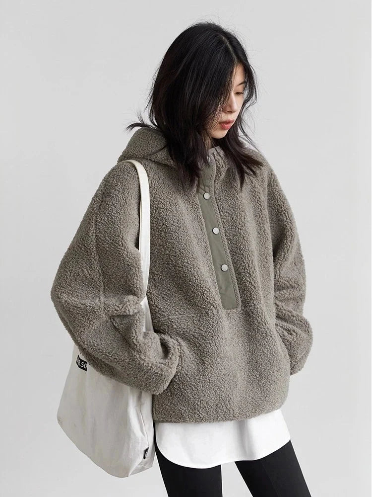 Hooded Granular Fleece Jacket Loose Casual Short Coat