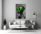 Neon Green Round Sunglasses Gray Portrait Glass Wall Art