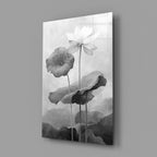Black and White Water Lily Glass Wall Art || Designer Collection