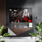 Red Dress Woman on Bar Stool Brushed Aluminum Dibond Wall Art