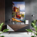 Harbor Fishing Boats Red Hut Brushed Aluminium Dibond Wall Art