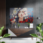 Red Poppies And White Blossoms Woman Brushed Aluminium Dibond Wall Art