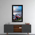 Red Rowboats on Misty Lake Dock Glass Wall Art