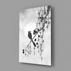 Black and White Bird on Blossom Branch Glass Wall Art