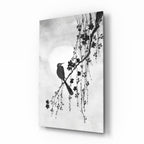 Black and White Bird on Blossom Branch Glass Wall Art