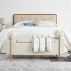 Elegant Upholstered Storage Bench With Cylindrical Arms And Iron Legs,
