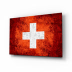 Bright Orange Scratched Swiss Cross Flag Glass Wall Art