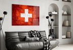 Bright Orange Scratched Swiss Cross Flag Glass Wall Art