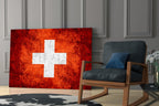 Bright Orange Scratched Swiss Cross Flag Glass Wall Art