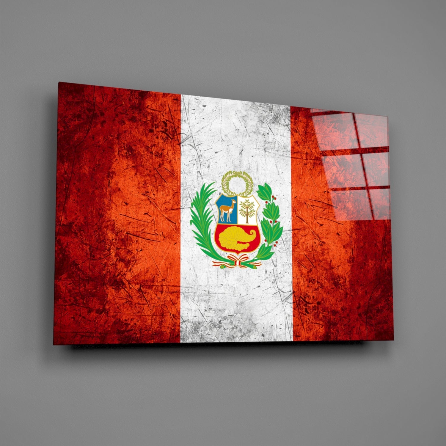 Scratched Orange Red Peru Emblem Flag Glass Wall Art