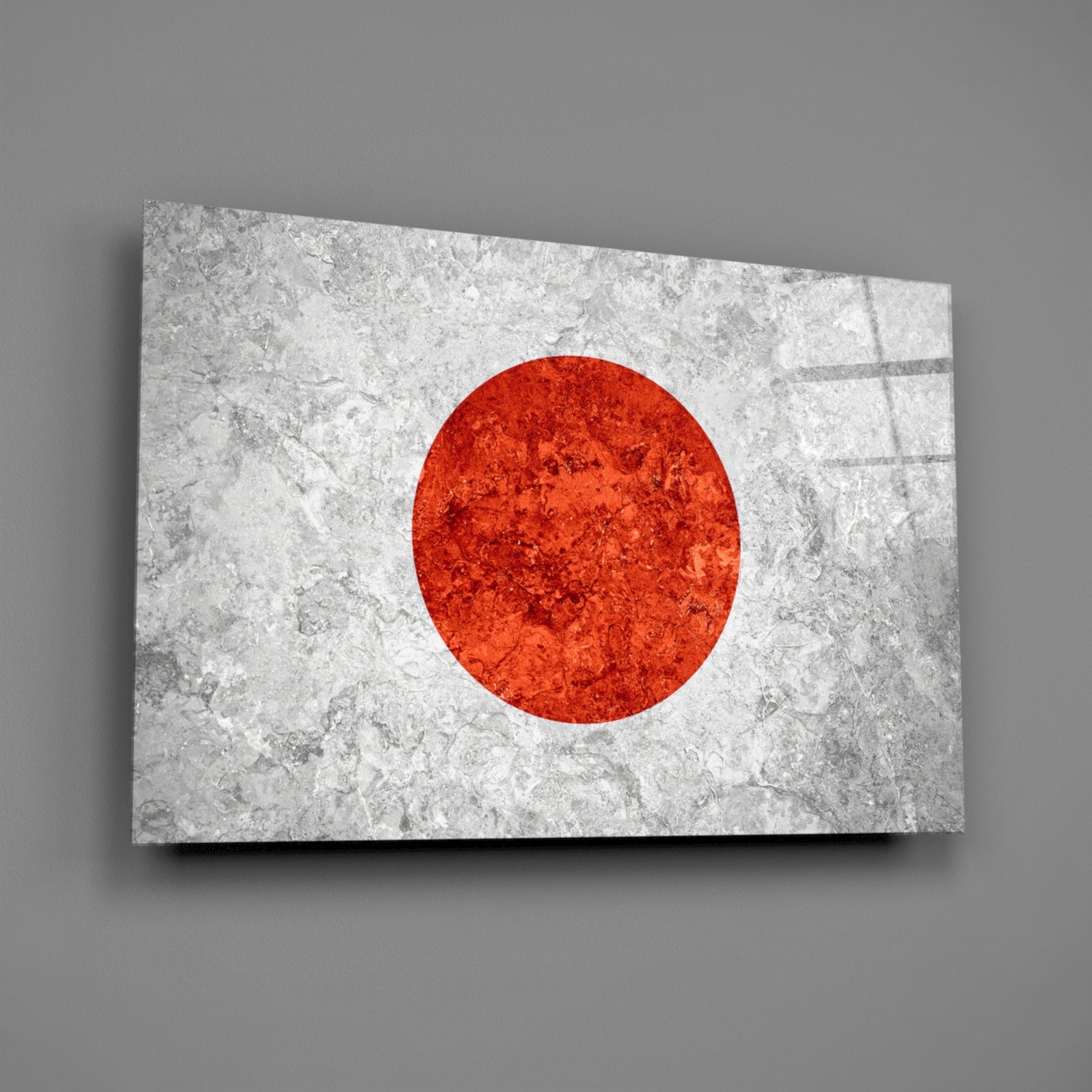 Gray Marble Red Sun Circle Japan Flag Glass Wall Art