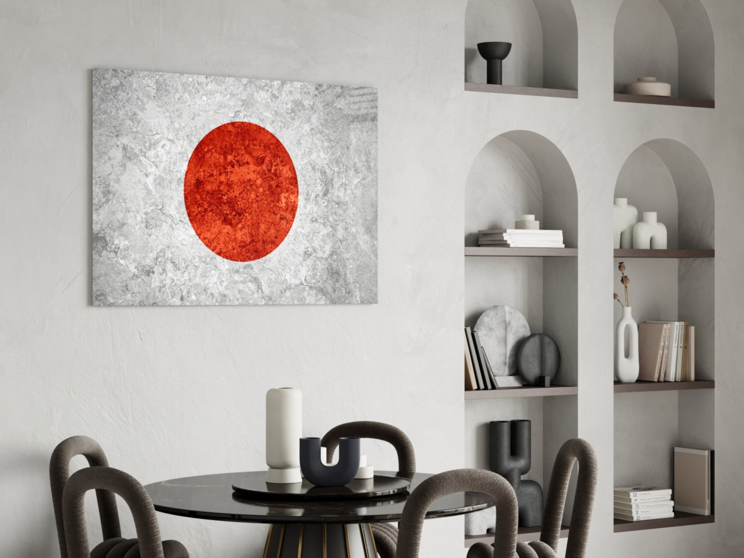 Gray Marble Red Sun Circle Japan Flag Glass Wall Art