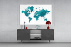 Teal Watercolor World Map Glass Wall Art