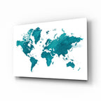 Teal Watercolor World Map Glass Wall Art
