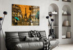 Teal Umbrellas Golden Paris Glass Wall Art