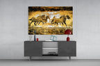 Running Horse Herd Golden Water Glass Wall Art