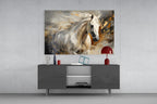 White Horse Gold Splatter Glass Wall Art